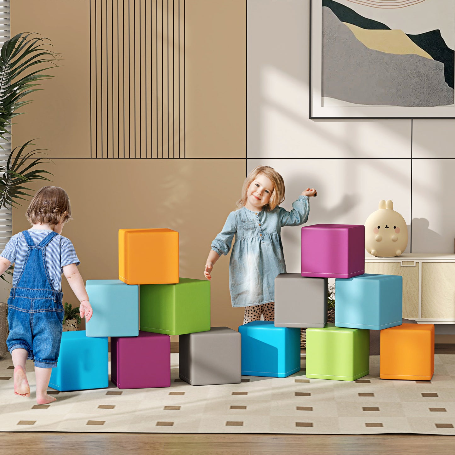 HOMCOM 12 PCs Soft Play Blocks, Soft Foam Toy, Building and Stacking Blocks for Kids, Grey
