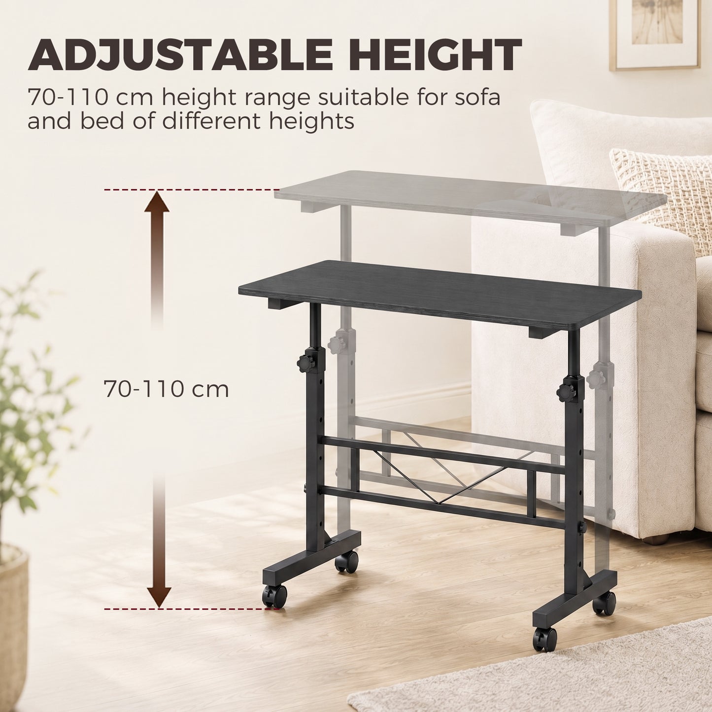HOMCOM Overbed Table Adjustable Height Sofa Side Table with Wheels 80 x 40 cm Black