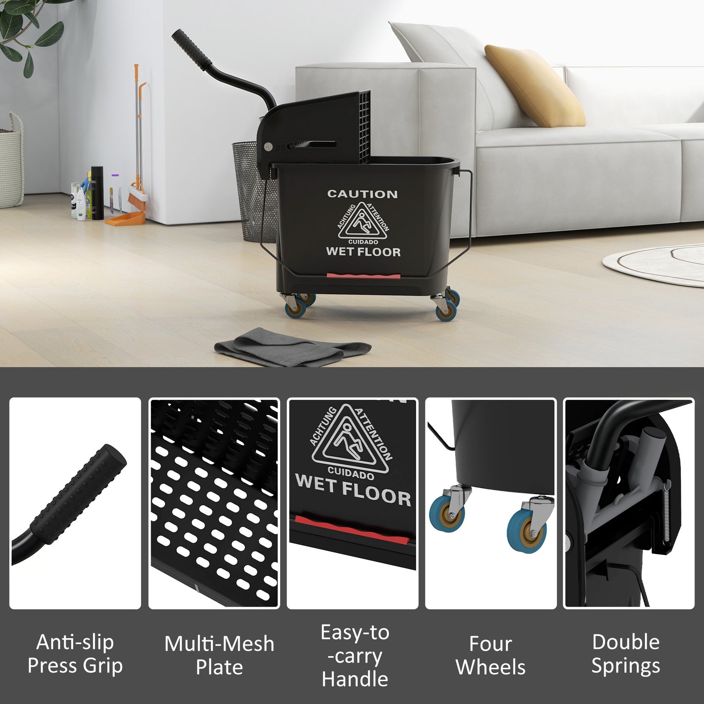 HOMCOM 20L Compact Mop Bucket on Wheels, with Water Separation Panel - Black