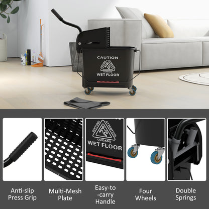 HOMCOM 20L Compact Mop Bucket on Wheels, with Water Separation Panel - Black