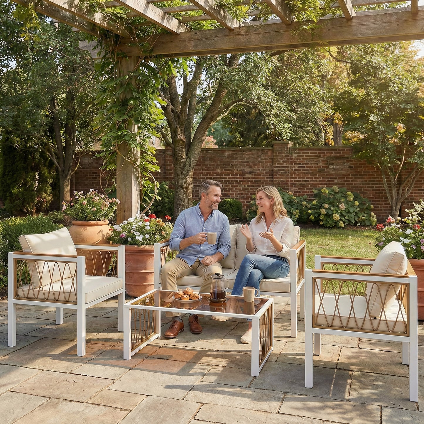 Outsunny 4 Piece Rattan Garden Furniture Set with Loveseat, 2 Armchairs, Table, Metal Frame Patio Conversation Set, Cream White