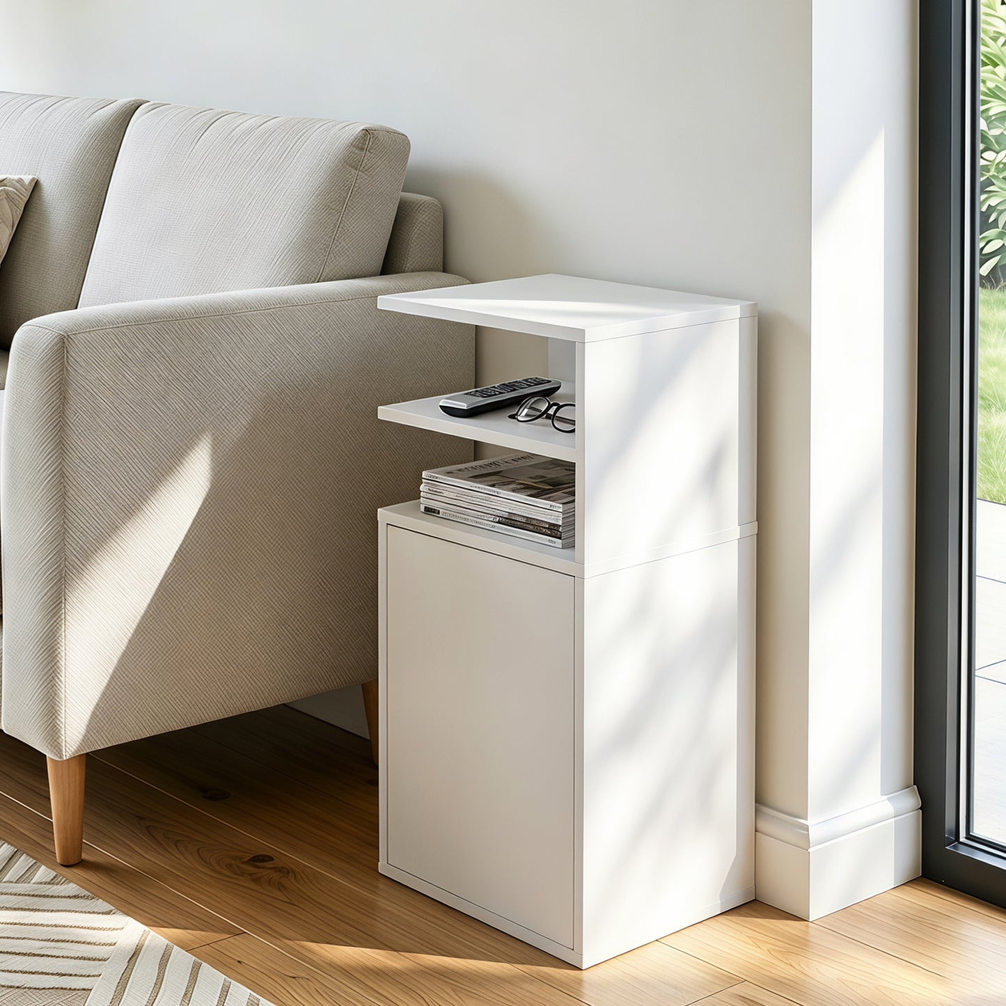 HOMCOM Slim Bedside Table Set of 2, Narrow Bedside Cabinet with Open Cubbies and Cupboard for Bedroom Living Room, White