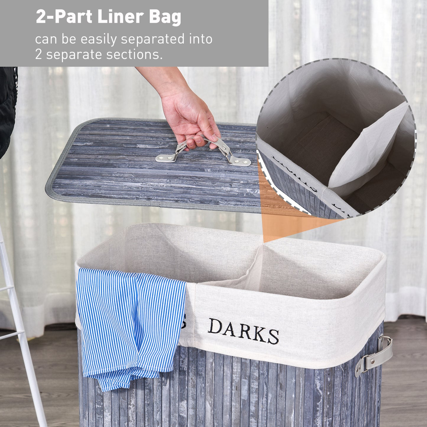 HOMCOM 100L Collapsible Natural Wood  Laundry Hamper Organizer Clothes Washing Basket Bin Storage Box w/Lid Removable Lining 52x32x63cm, Grey--ChewyGames-ChewyGames