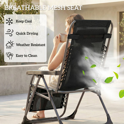 Outsunny Zero Gravity Chairs Set of 2, Folding Sunloungers Reclining Garden Chairs with Cup Holder, Headrest, Black
