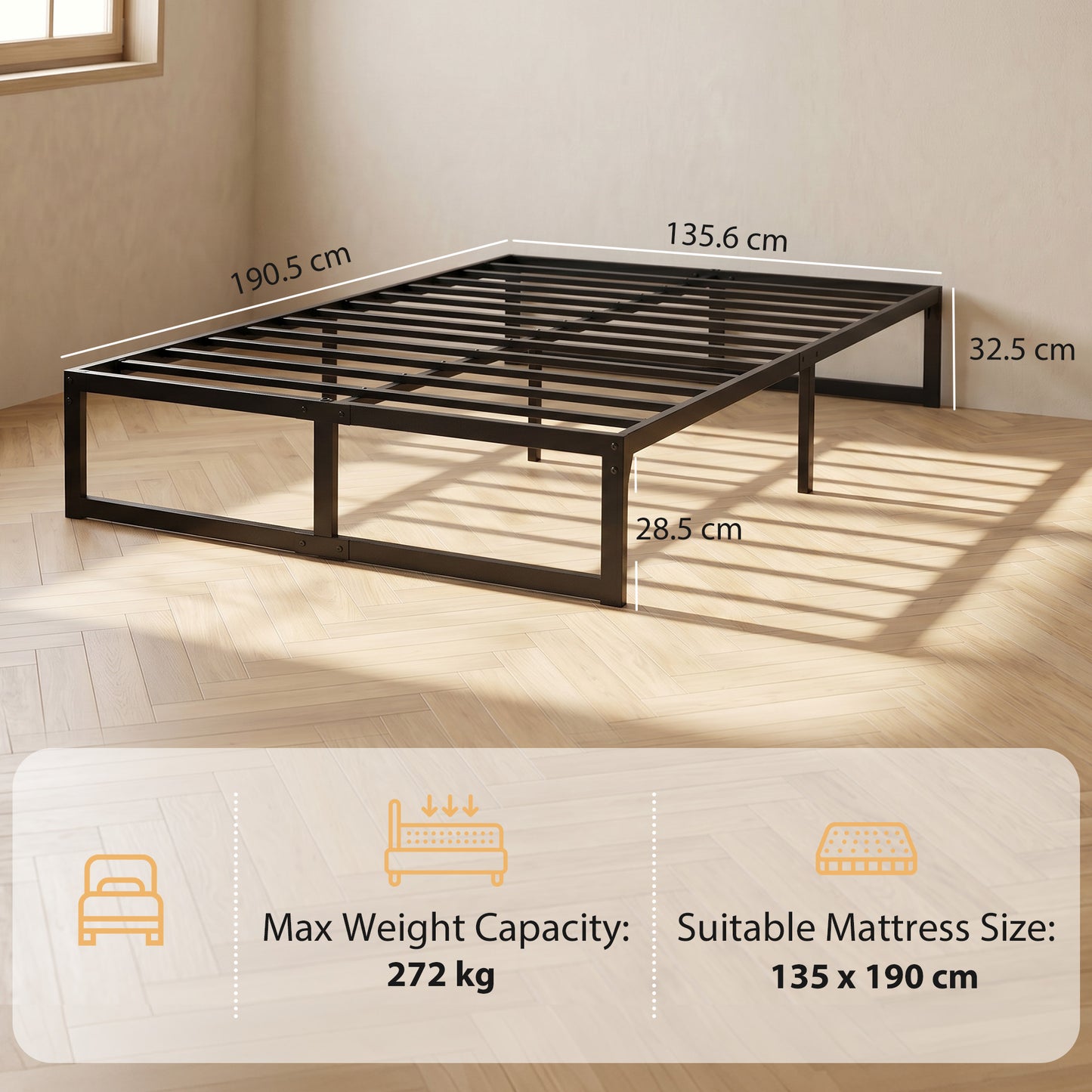 HOMCOM 4ft6 Double Bed Frame with Underbed Storage and Steel Slat Support, 32.5 cm Height, Noise-Free, Black