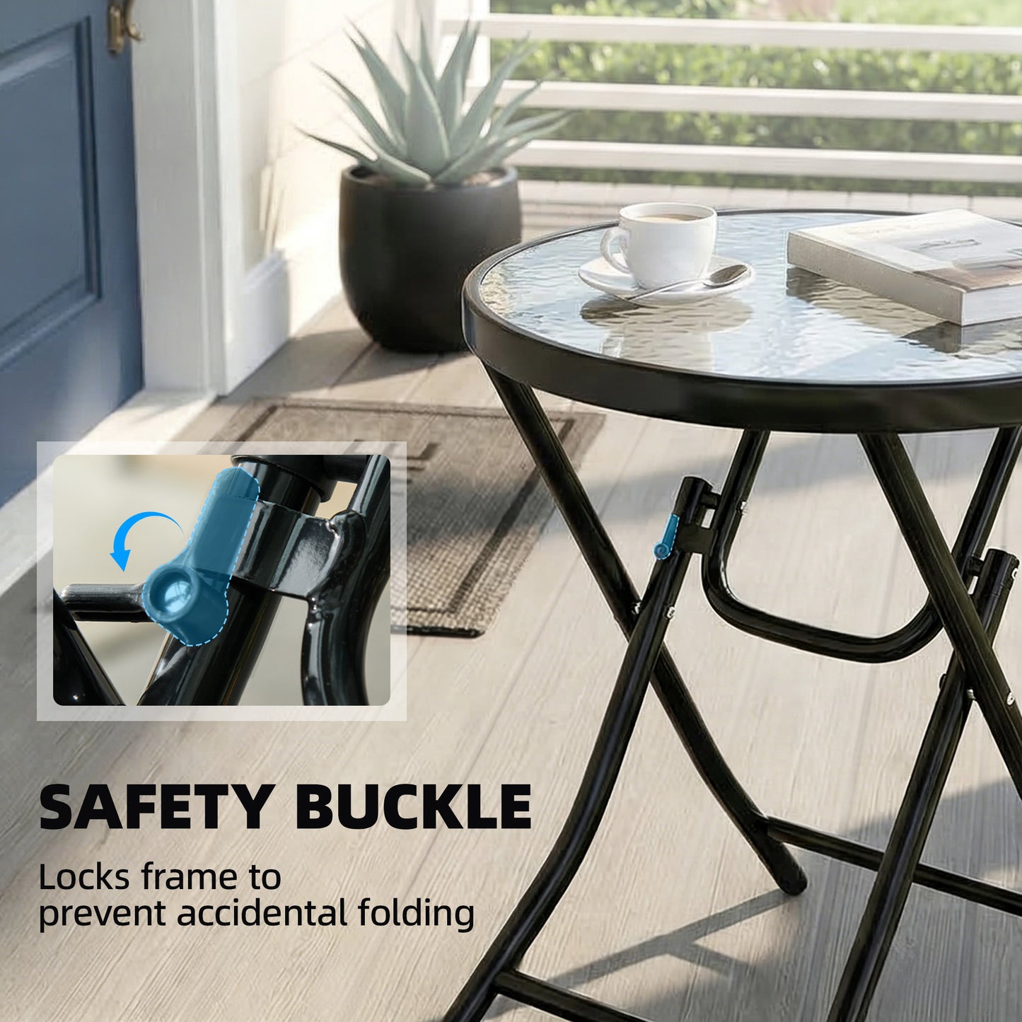 Outsunny Foldable Garden Table, Round Folding Table with Glass Tabletop and Safety Buckle for Patio, Garden, Outdoor, Indoor, Black
