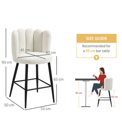 HOMCOM Bar Stools Set of 2, Modern Boucle Upholstered Shell Barstools, Breakfast Bar Chairs with Backrest, Footrest and Steel Base for Kitchen Counter, Cream