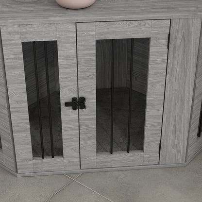 PawHut 2 in 1 Dog Crate Furniture Side Table with Cushion for Medium Dogs, 104 x 55 x 63cm - Grey