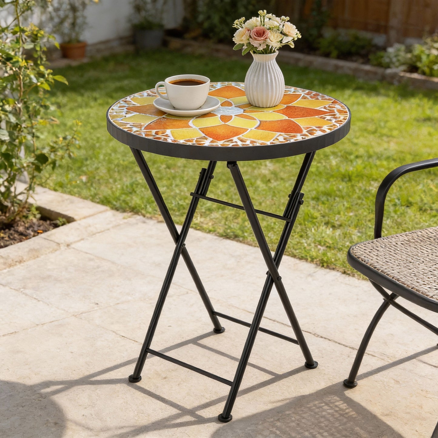 Outsunny Mosaic Outdoor Garden Table, 35.5cm Round Folding Coffee Table with Metal Frame for Balcony Terrace, Yellow