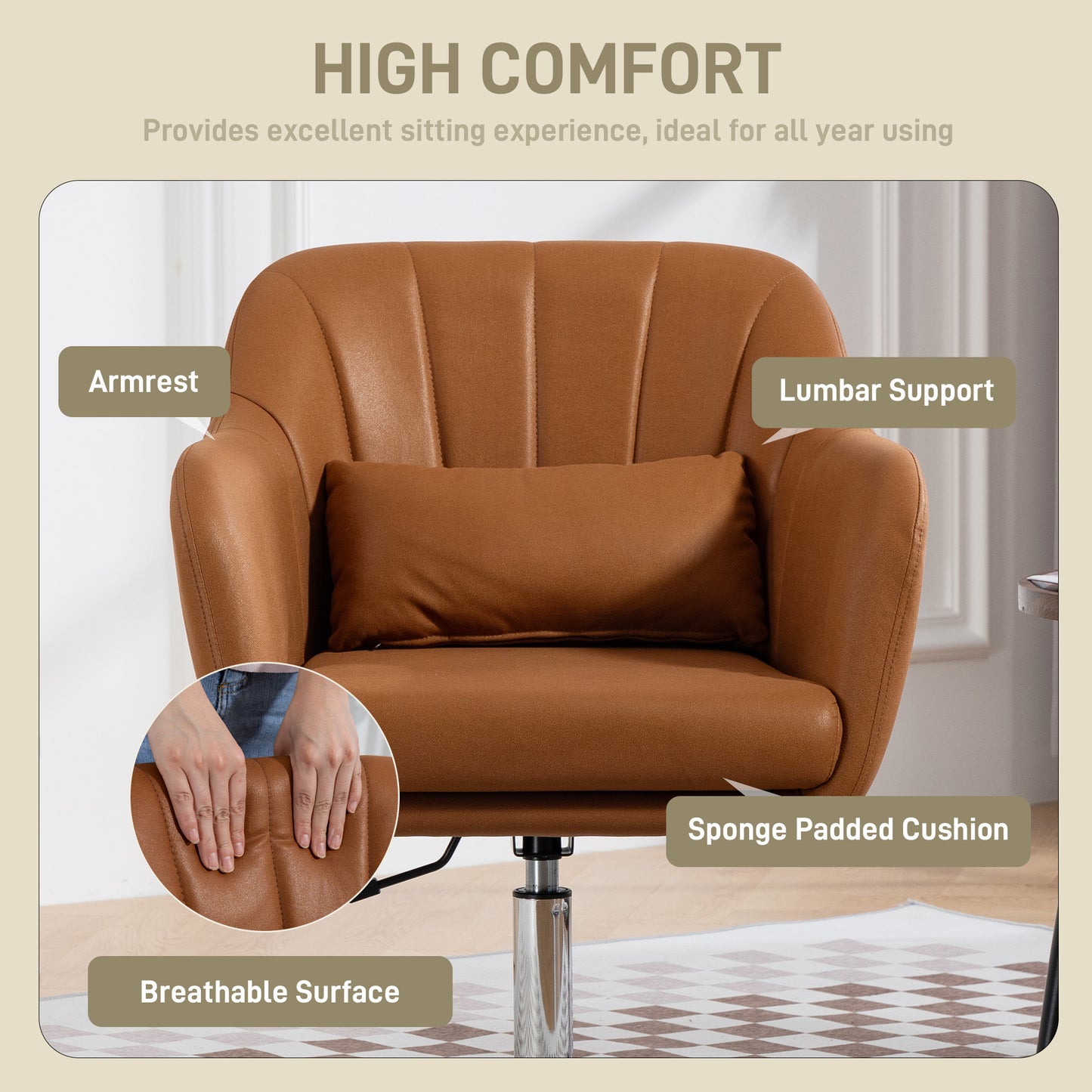HOMCOM Swivel Accent Chair, Linen Fabric Tub Vanity Chair, Modern Armchair with Adjustable Height and Lumbar Support for Living Room Bedroom Salon Make up Room Dressing Table, Brown