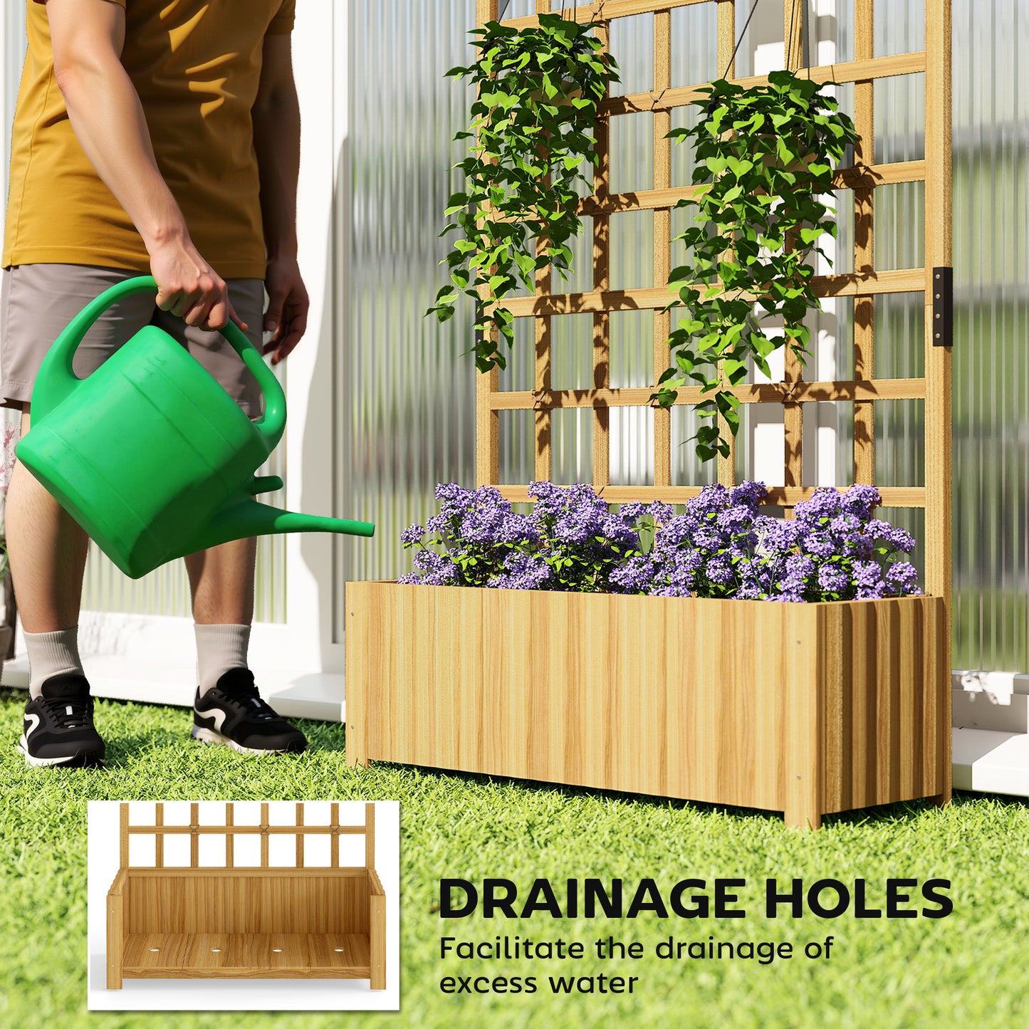 Outsunny Wooden Raised Planter with Trellis, Raised Bed for Garden with Lattice and Drainage Holes for Climbing Plants