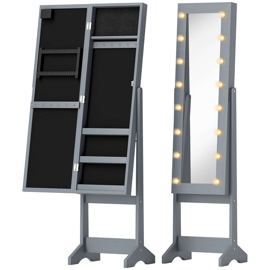 HOMCOM Freestanding Mirrored Jewellery Storage Cabinet - Grey