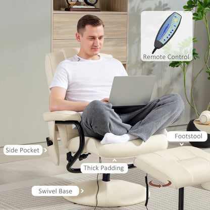 HOMCOM Swivel Recliner Chair and Footstool, Faux Leather Massage Recliner Armchair with Remote Control and Round Wrapped Base, Cream White
