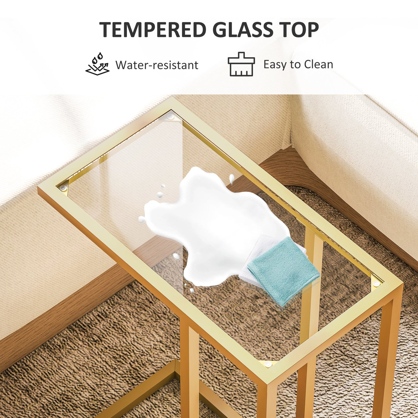HOMCOM C-Shaped Side Table, Modern Slim End Table with Tempered Glass Tabletop, Steel Frame for Small Space, Living Room, Bedroom, Gold Tone-End Tables-ChewyGames-ChewyGames