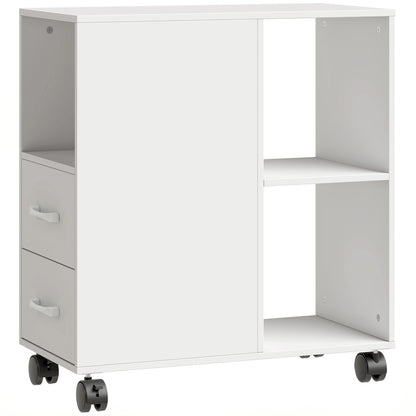 HOMCOM Narrow Mobile Printer Table with Wheels, Rolling Printer Stand with Drawers for Home Office, 30 x 60 x 65 cm, White