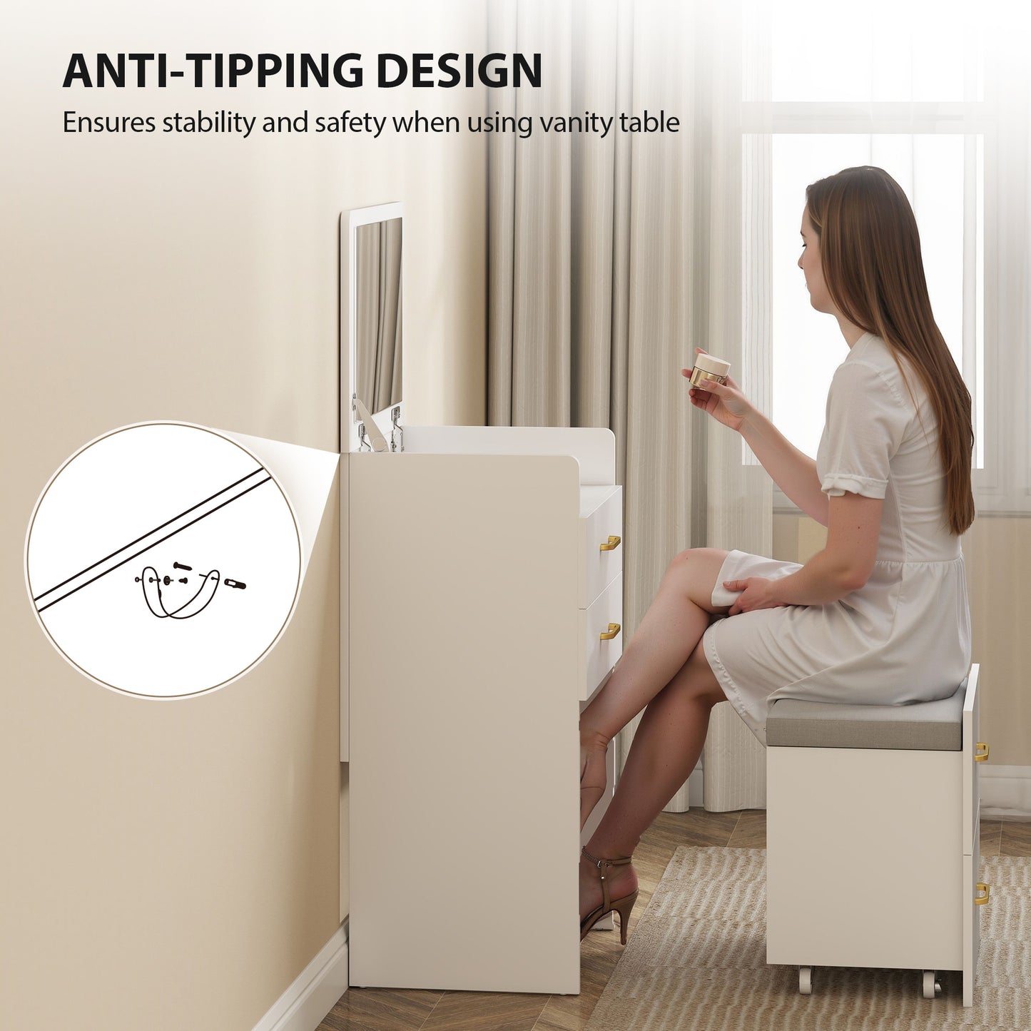 HOMCOM Compact Dressing Table and Stool Set, with Storage - White