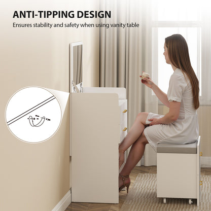HOMCOM Compact Dressing Table and Stool Set, with Storage - White