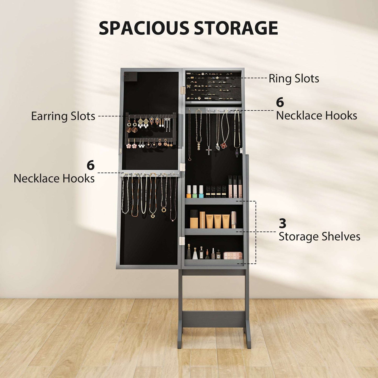 HOMCOM Freestanding Mirrored Jewellery Storage Cabinet - Grey