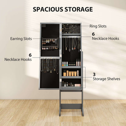 HOMCOM Freestanding Mirrored Jewellery Storage Cabinet - Grey