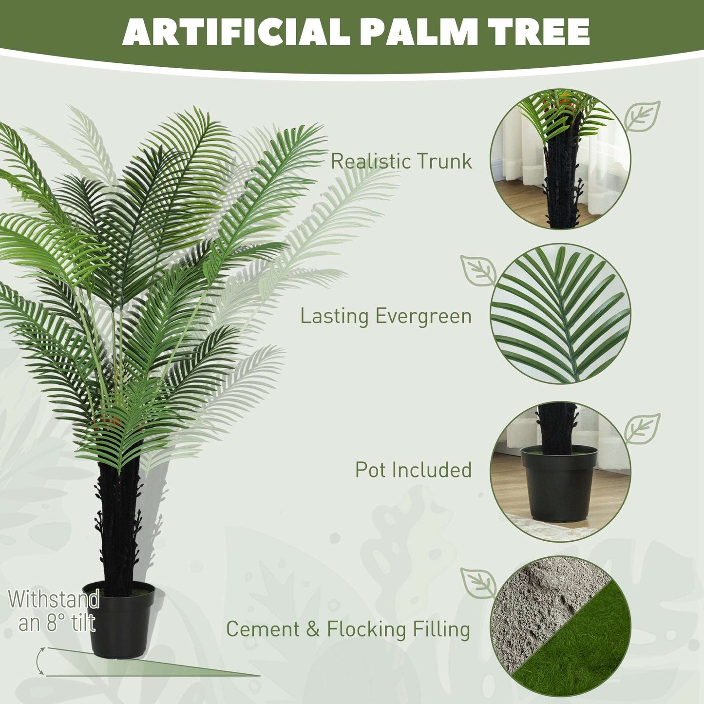 HOMCOM 175cm Artificial Areca Palm Tree with 16 PE Leaves, Decorative Artificial Plant with Plastic Pot and Flocked Soil, Fake Plant for Home Office Decor, Green