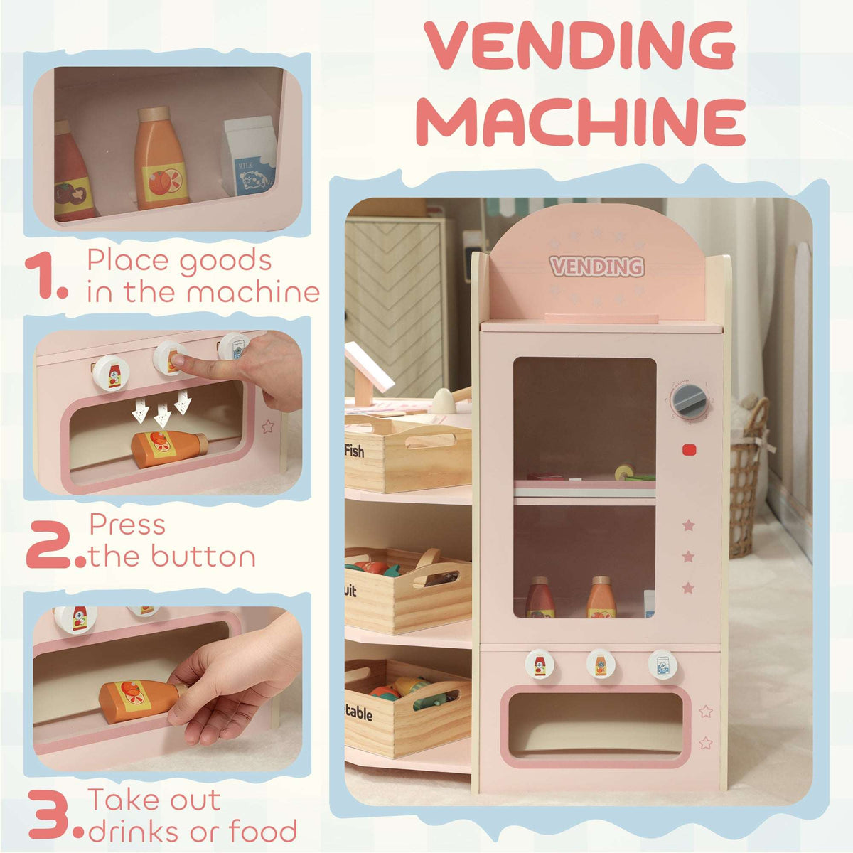 AIYAPLAY Kids Grocery Store, Children Supermarket Playset with Cash Register, Vending Machine, Display Shelves