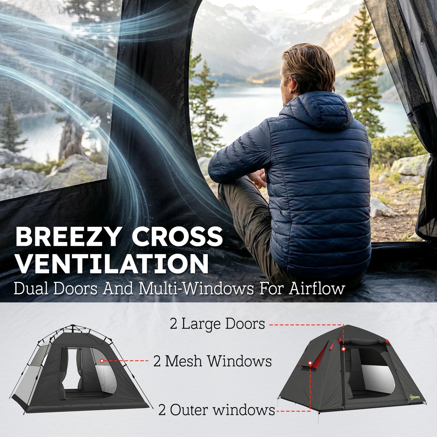 Outsunny Camping Tent 3000mm Waterproof Tent with 2 Doors, Dark Grey and Red