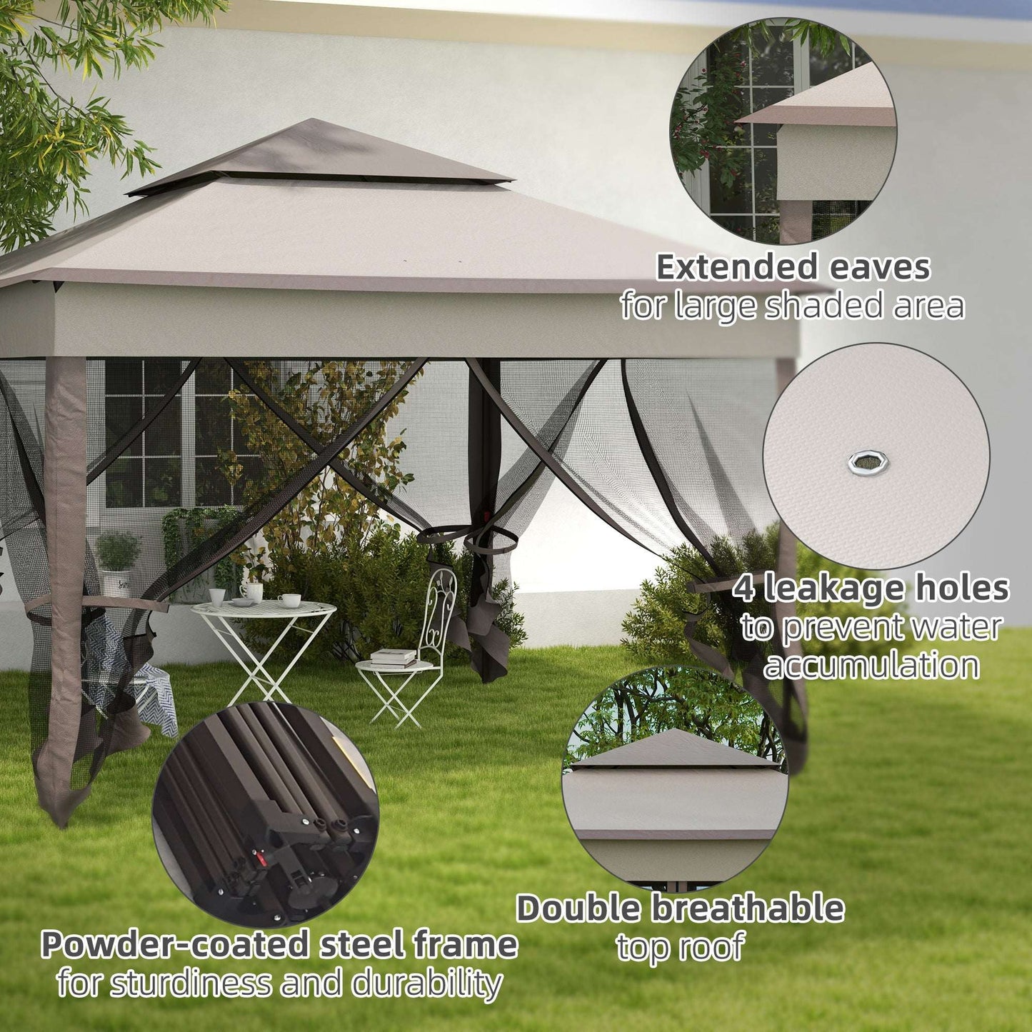 Outsunny 3.25 x 3.25m Pop Up Gazebo, Double-roof Garden Tent with Netting and Carry Bag, Party Event Shelter for Outdoor Patio, Brown and Grey