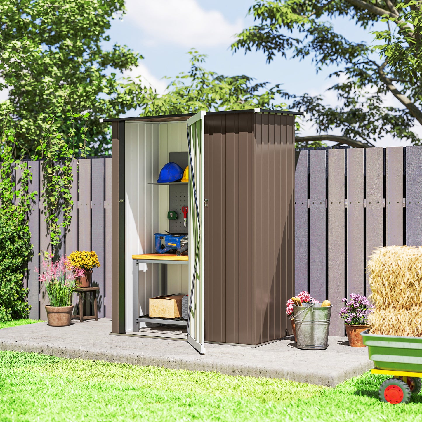 Outsunny 5ft x 3ft Garden Storage Shed, Galvanised Outdoor Metal Shed Waterproof with Sloped Roof, Lockable Door for Patio Tools, Equipment, Brown