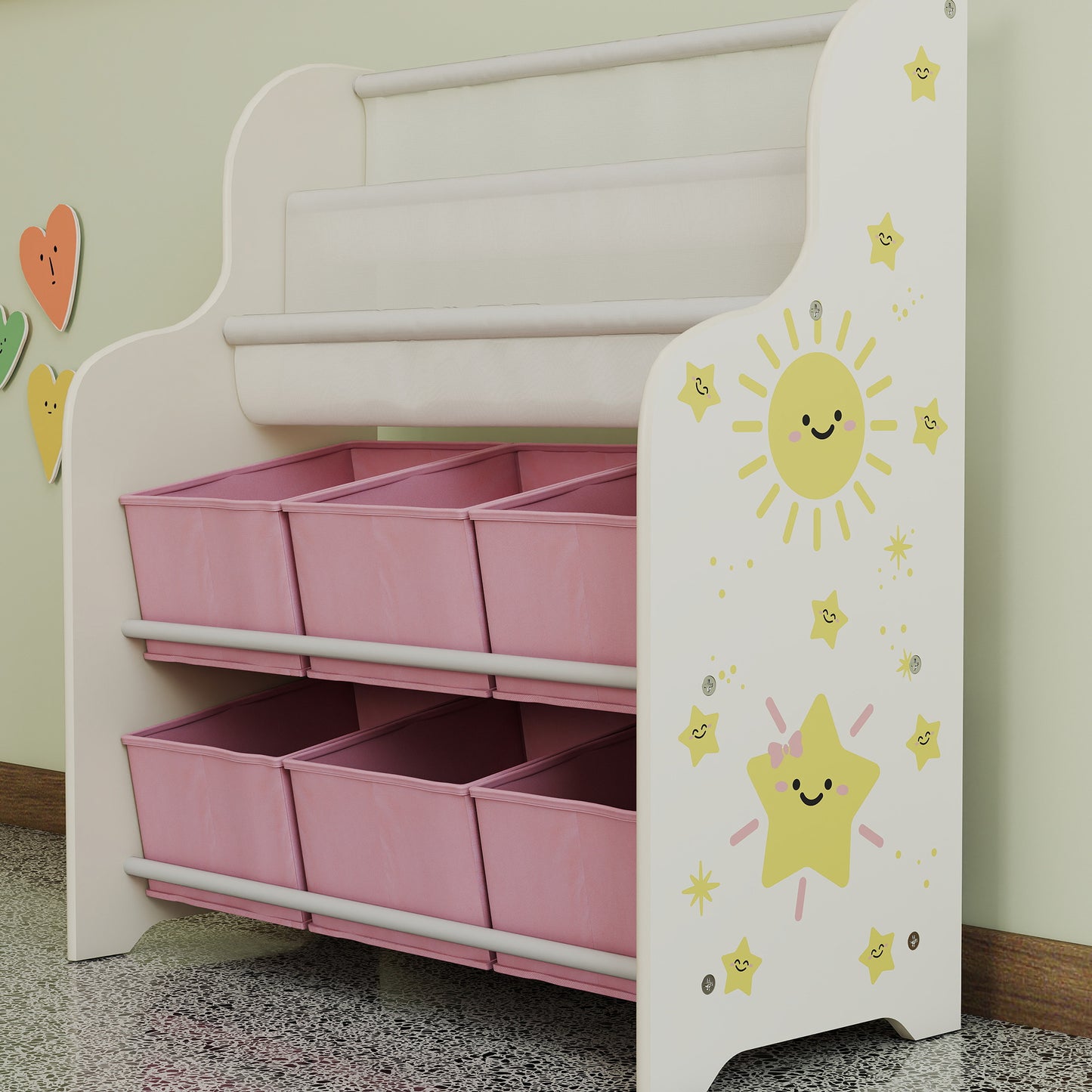AIYAPLAY Kids Storage Unit, Toy Organiser with 6 Fabric Drawers and 2-Tier Sling Book Rack for Bedroom, Playroom, Nursery, Pink