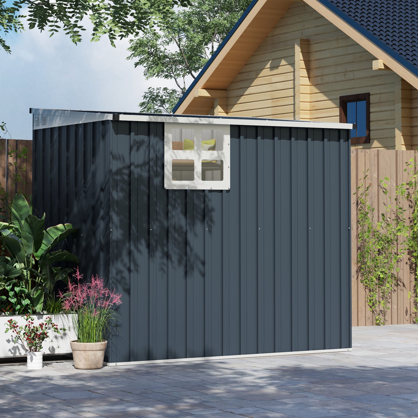 Outsunny 4 x 6ft Garden Metal Shed, Outdoor Storage Shed with Window, 2 Vents and Lockable Door, Dark Grey