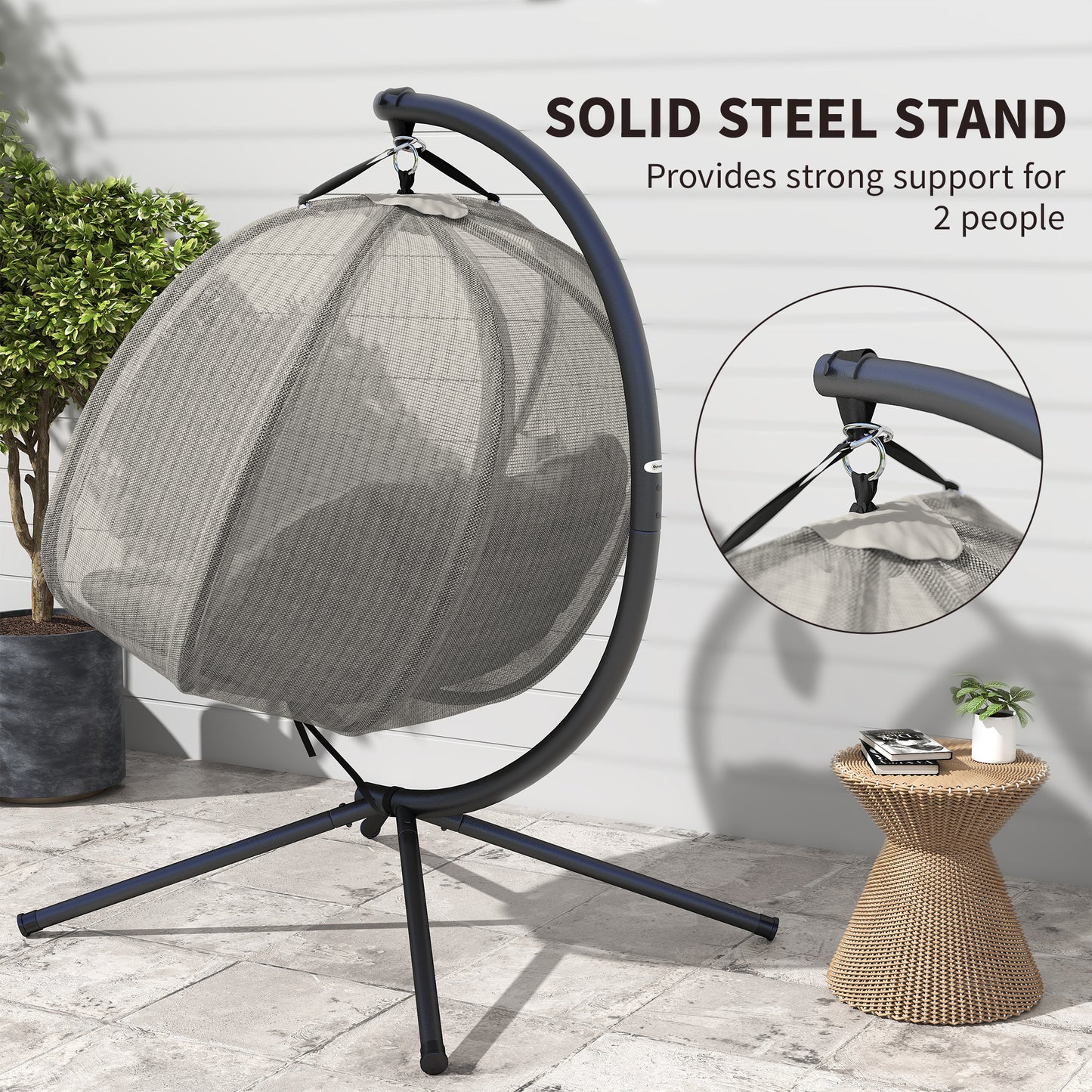 Outsunny Double Hanging Egg Chair 2 Seaters Texteline Swing Hammock Chair with Stand, Cushion and Folding Design, for Indoor and Outdoor, Brown