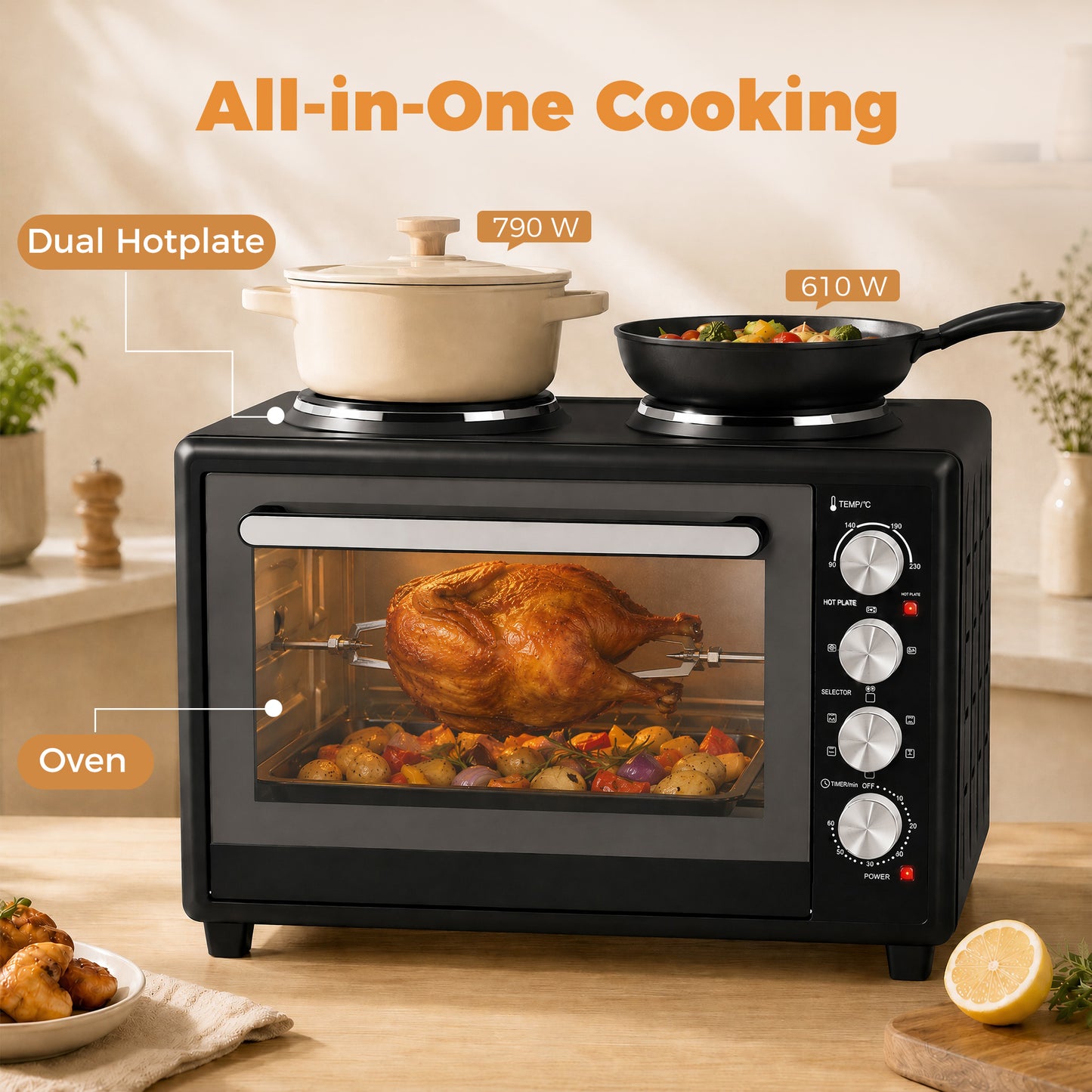 HOMCOM 46L Mini Oven with Dual Hot Plates, Electric Countertop Cooker with Convection, 90–230°C Adjustable Temperature