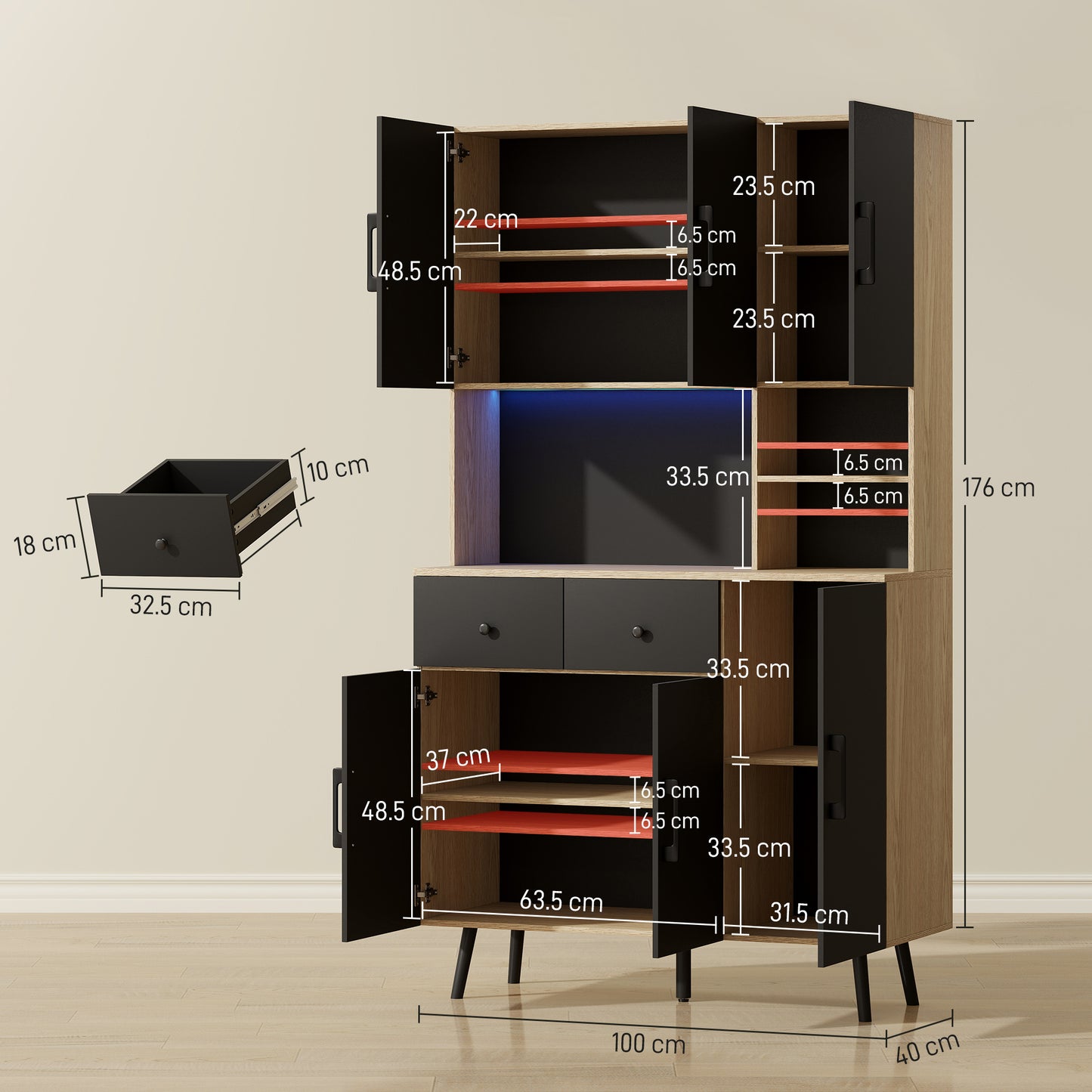 HOMCOM 176 cm Kitchen Cupboard with LED Lights - Oak and Black