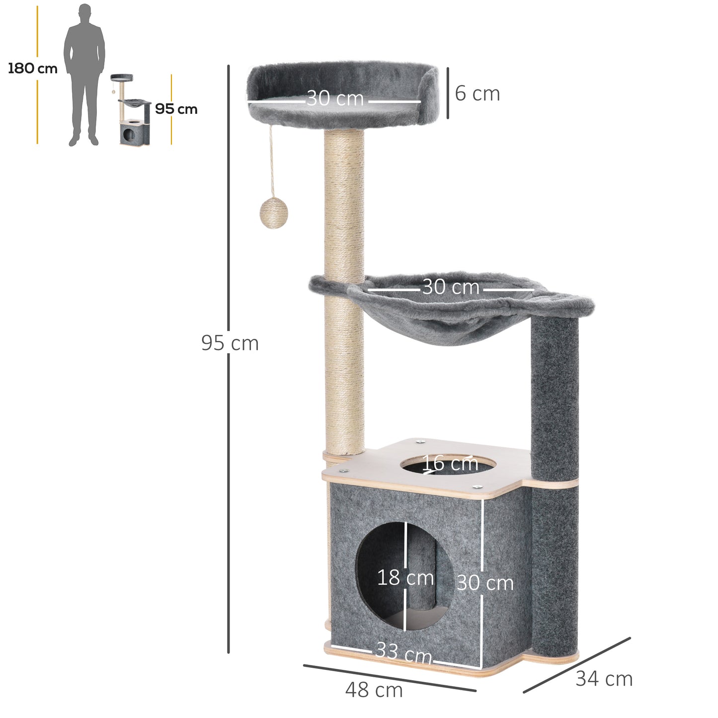 PawHut Cat Tree for Indoor Cats 95cm Climbing Tower Kitten Activity Center with Sisal Scratching Post Perch Roomy Condo Hammock Removable Felt Hanging Toy, Grey