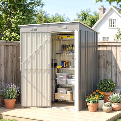 Outsunny 5 x 3 ft Lean-to Garden Shed, Outdoor Storage Shed with Lockable Door and Vents, Light Grey