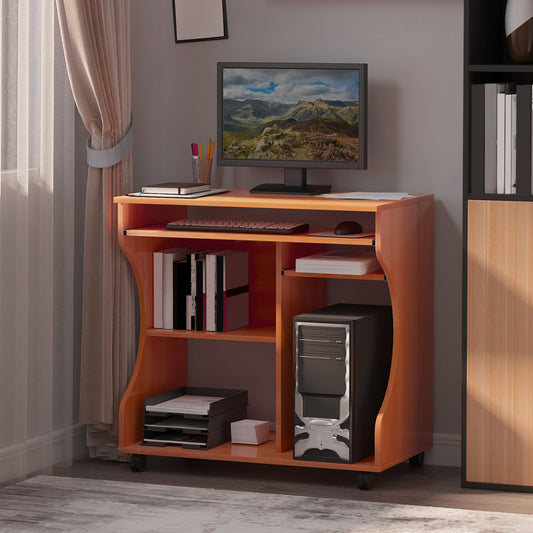 HOMCOM Multi-Storage Compact Work Desk, with Wheels - Cherry Wood Colour--ChewyGames-ChewyGames