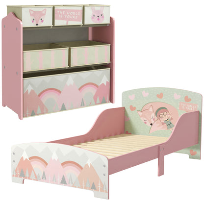 ZONEKIZ Toddler Bed Frame, Kids Storage Shelf Unit with 6 Fabric Bins for Ages 3-6 Years, Pink--ChewyGames-ChewyGames