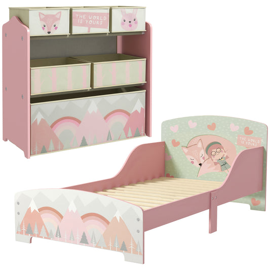 ZONEKIZ Toddler Bed Frame, Kids Storage Shelf Unit with 6 Fabric Bins for Ages 3-6 Years, Pink--ChewyGames-ChewyGames