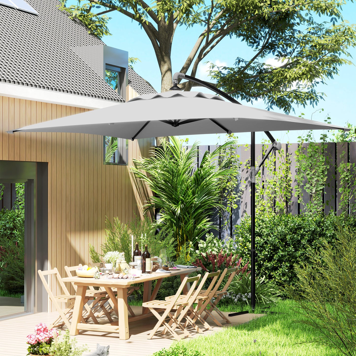 Outsunny 3(m) Cantilever Overhanging Parasol, with Cross Base - Light Grey--ChewyGames-ChewyGames