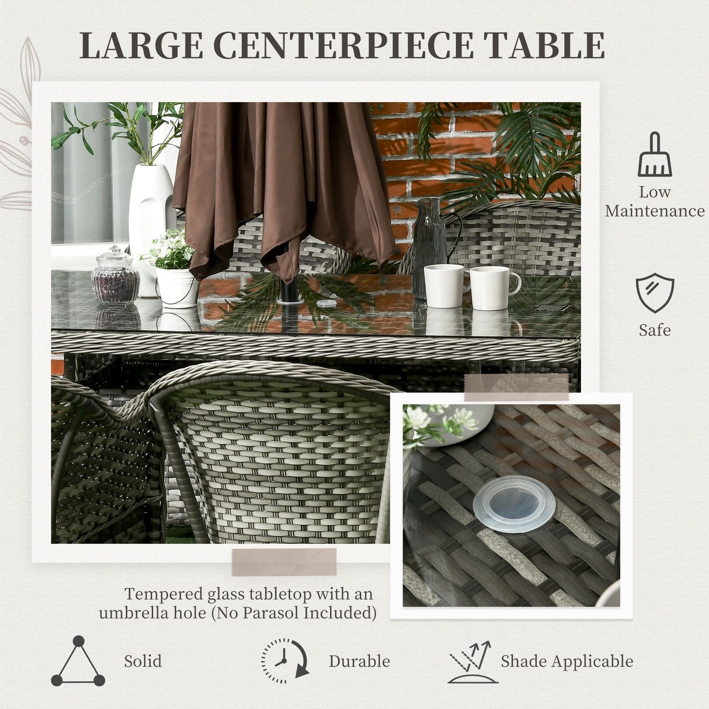 Outsunny Seven-Piece Rattan Dining Set with Tempered Glass Table Top and Parasol Hole - Grey