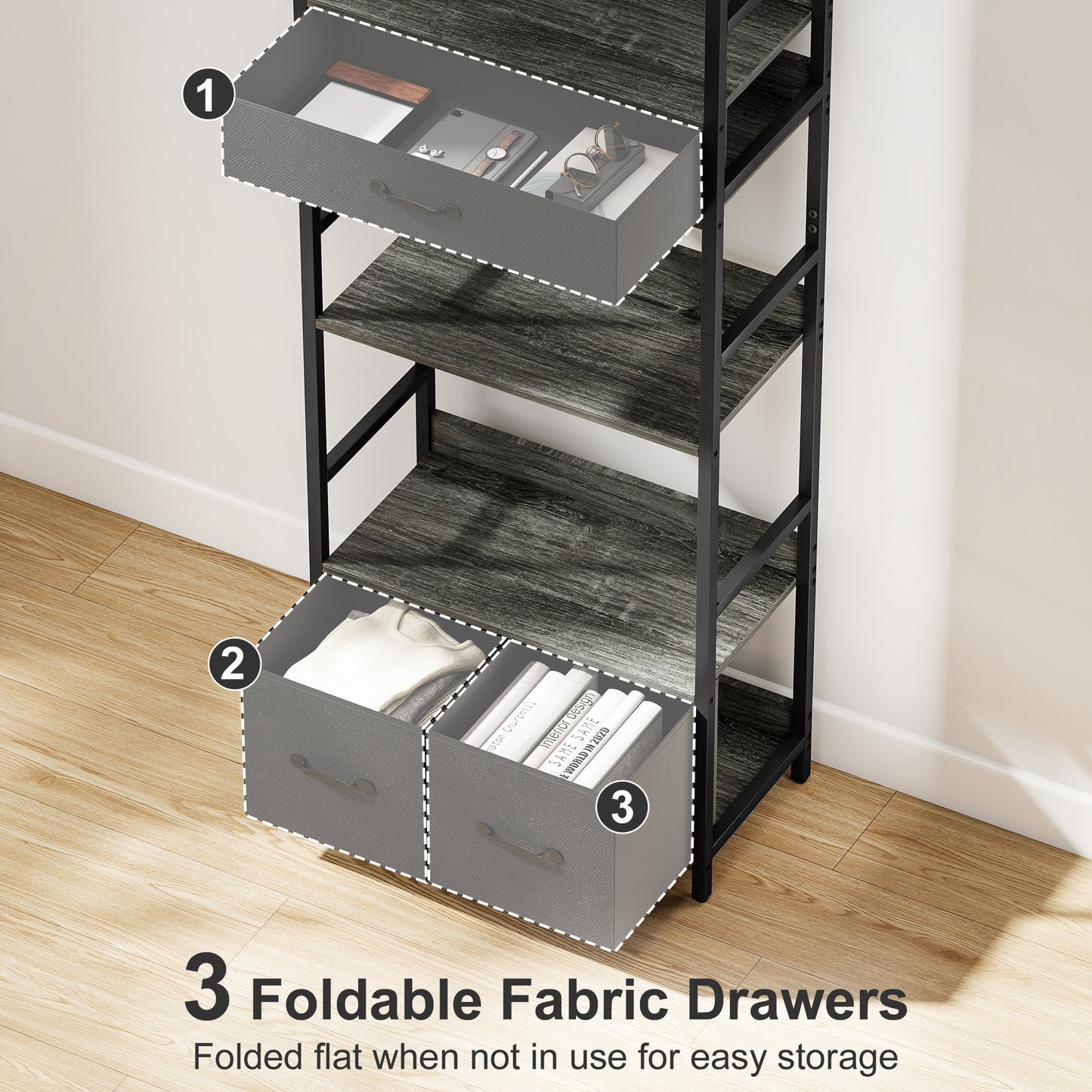 HOMCOM Industrial Style Bookcase, with 4 Shelves and 3 Fabric Drawers - Grey/Black