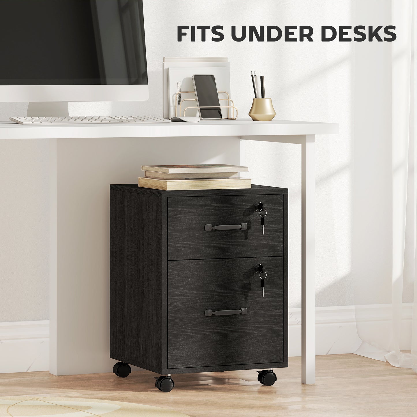 HOMCOM Rolling File Cabinet with 2 Drawers, Mobile Filing Cabinet with Hanging File Folder for Letter Sized Documents, Black