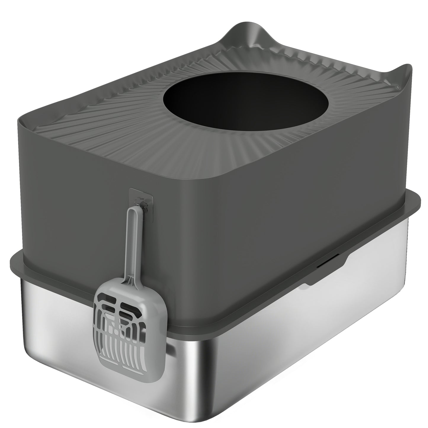 PawHut Stainless Steel Cat Litter Tray, Extra Large Enclosed Litter Box with Scoop, Top Entrance, Non-slip Pads, Dark Grey