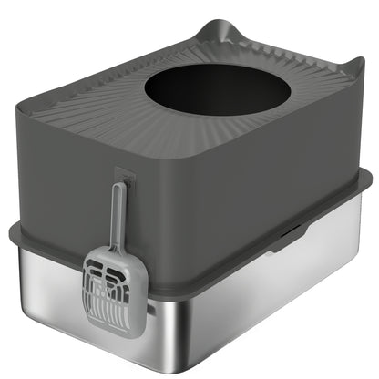 PawHut Stainless Steel Cat Litter Tray, Extra Large Enclosed Litter Box with Scoop, Top Entrance, Non-slip Pads, Dark Grey