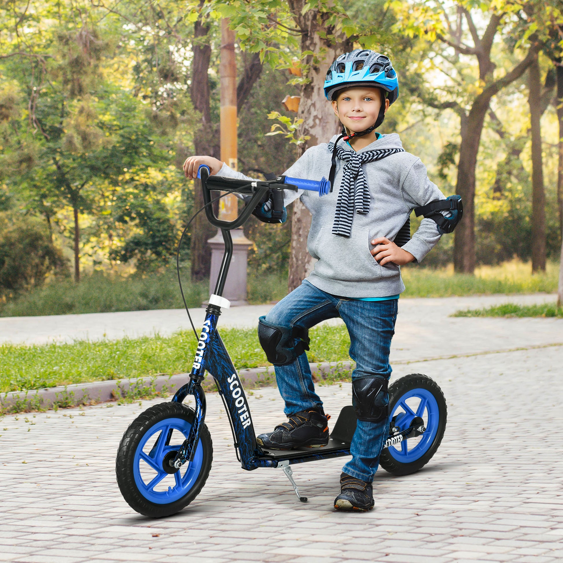 AIYAPLAY Kids Scooter with Adjustable Handlebar, Children's Kick Scooter with Non-slip Footplate, Rear Brake, Kickstand, Blue--ChewyGames-ChewyGames