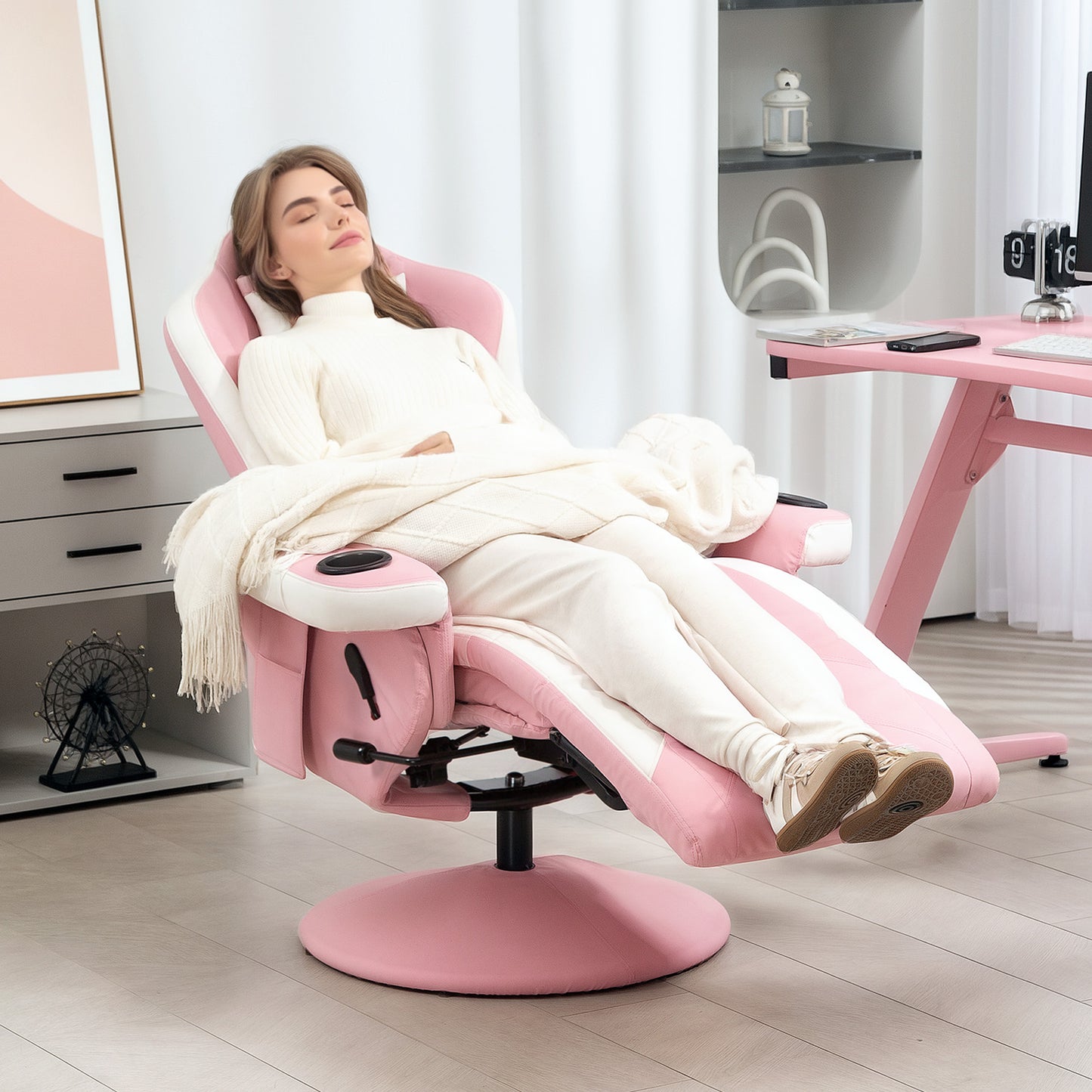 HOMCOM Manual Recliner Armchair PU Leather Lounge Chair w Adjustable Leg Rest, 135° Reclining Function, 360° Swivel, Pink--ChewyGames-ChewyGames