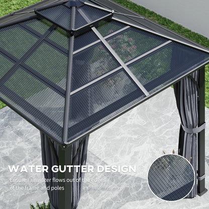 Outsunny 3 x 3(m) Hardtop Gazebo Canopy with 7mm Polycarbonate Double-Tier Roof, Garden Gazebo Permanent Pavilion with Mosquito Netting and Curtains for Patio, Terrace, Dark Grey