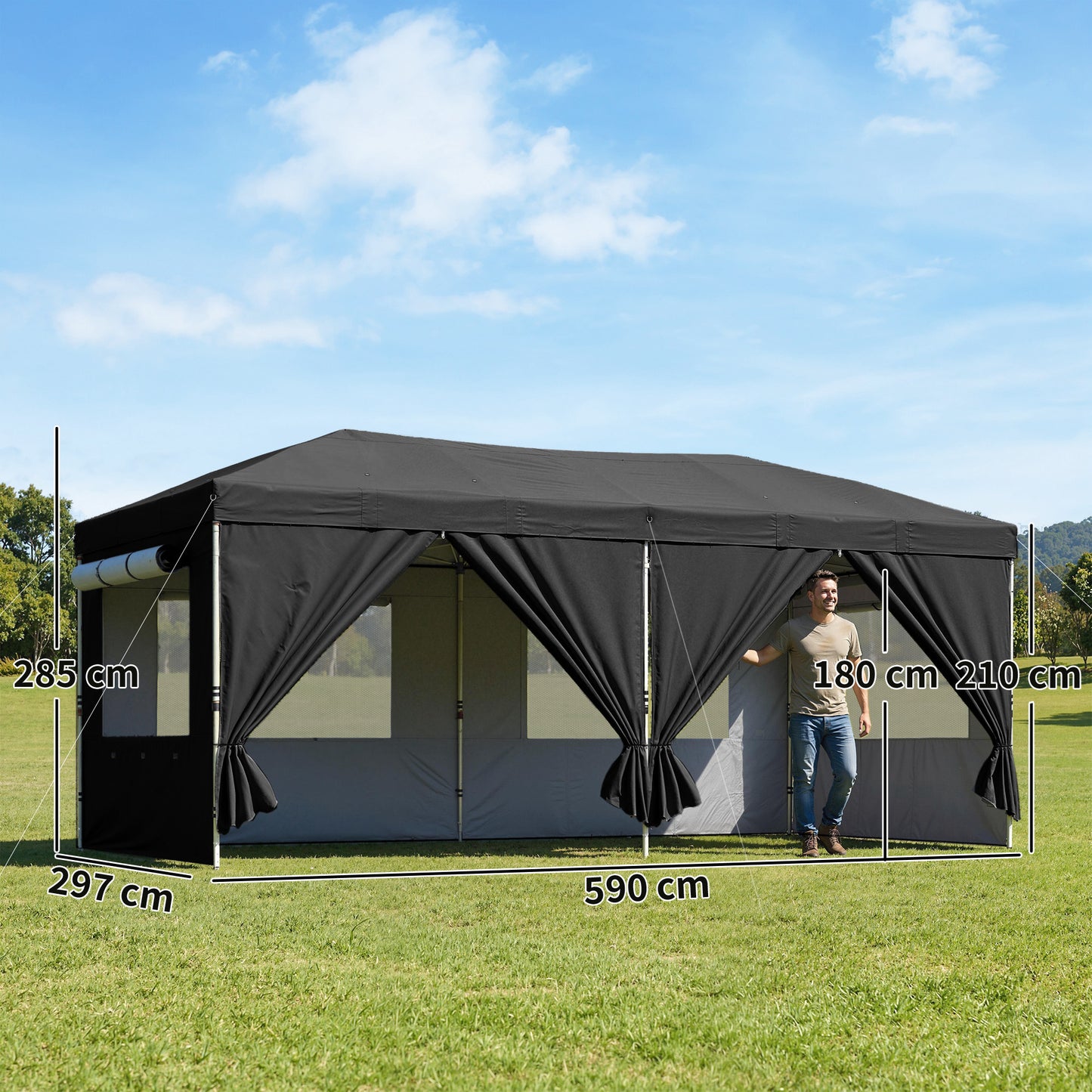 Outsunny 3 x 6 m Pop Up Canopy with UV50+ Protection Garden Gazebo with 6 Sidewalls, Black