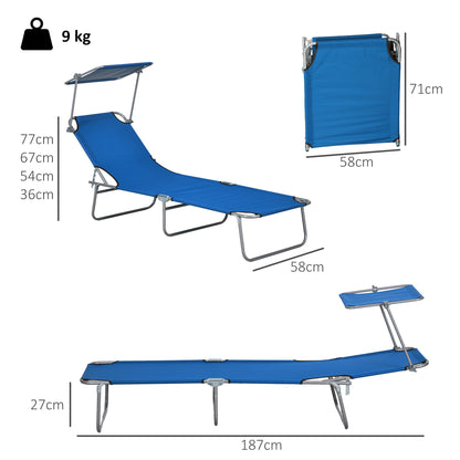 Outsunny Folding Sun Lounger Set of 2 with Canopy, Reclining Sunbed with 4-Position Adjustable Backrest, 600D Oxford Cloth, Portable Garden Lounger Recliner Chair for Beach, Camping, Patio, Blue