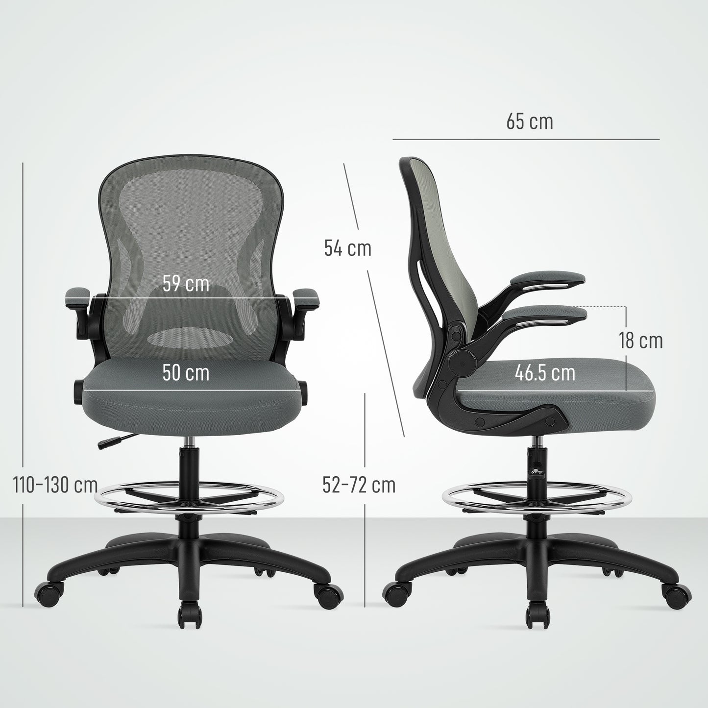 Vinsetto Drafting Chair, Ergonomic Tall Office Chair with Flip-up Armrests, Mesh Back, Lumbar Support, Adjustable Height and Foot Ring, Swivel Wheels, for Standing Desk, Charcoal Grey